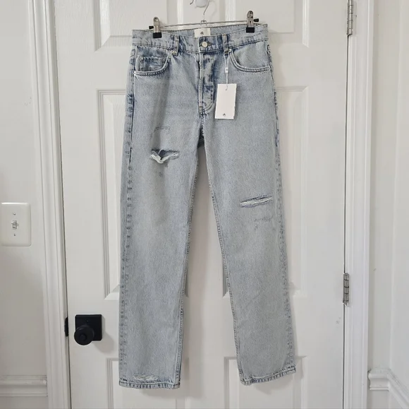 Anine Bing Kate High Rise Slim Straight Jeans In Distructed Bleached New Size 27 - Picture 4 of 13